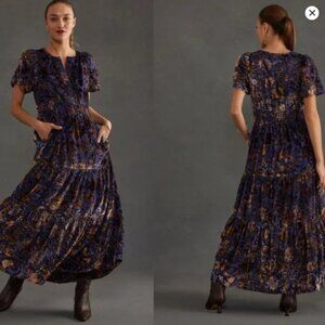 Anthropologie The Somerset Maxi Dress: Velvet Edition Purple Floral Motif